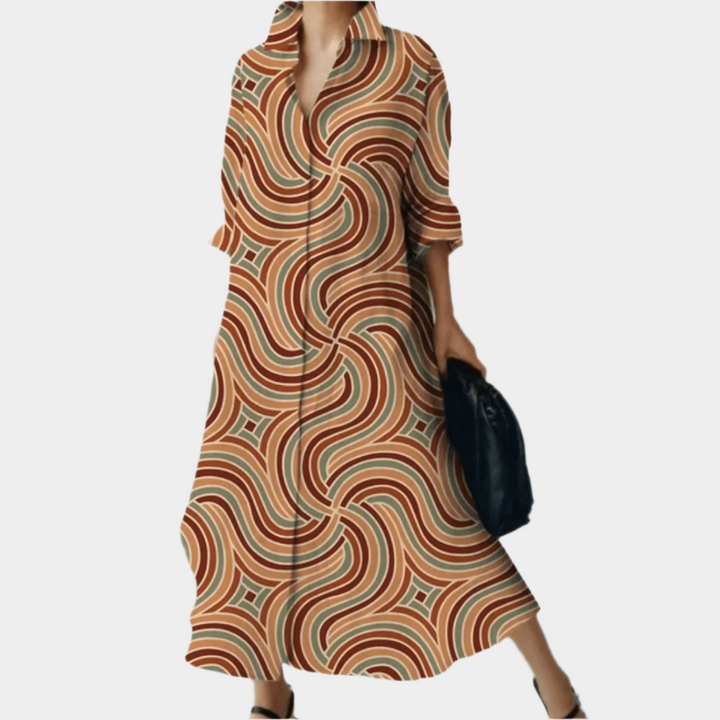 Bedrukte jurk met kraag dames maxi – oversized midi zomerjurk met 3/4 mouwen