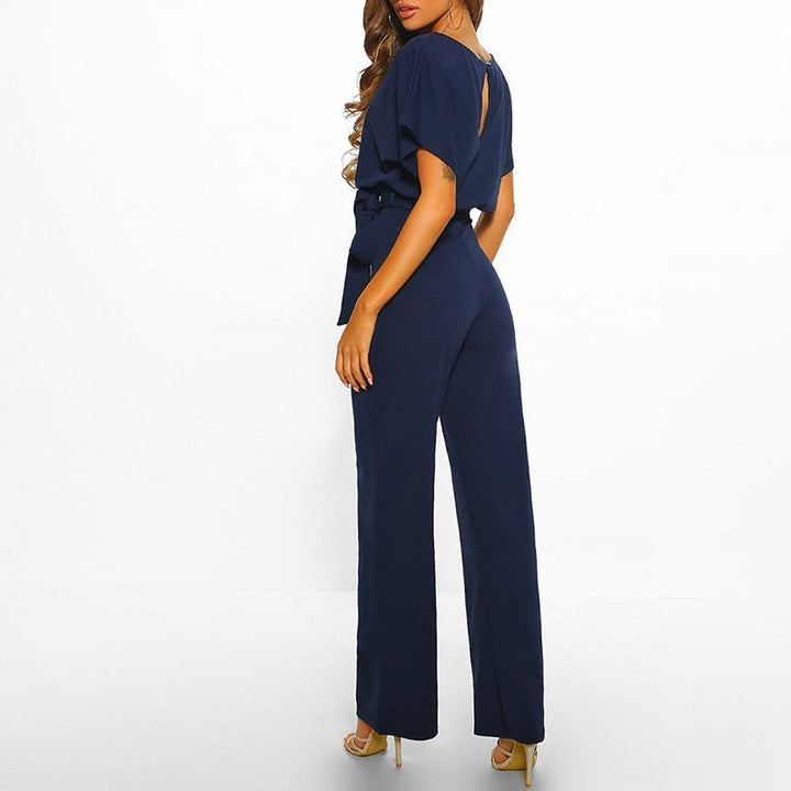 Chique Dames Jumpsuit – Wijde Pijpen, Strikceintuur, Luchtige Mouwen, Elegant en Trendy