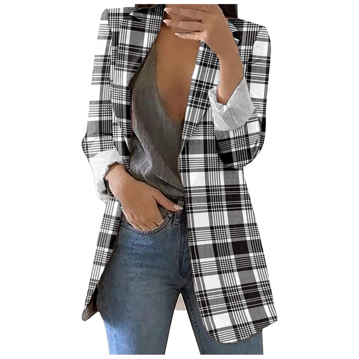 Contrast geruite lange dames blazer