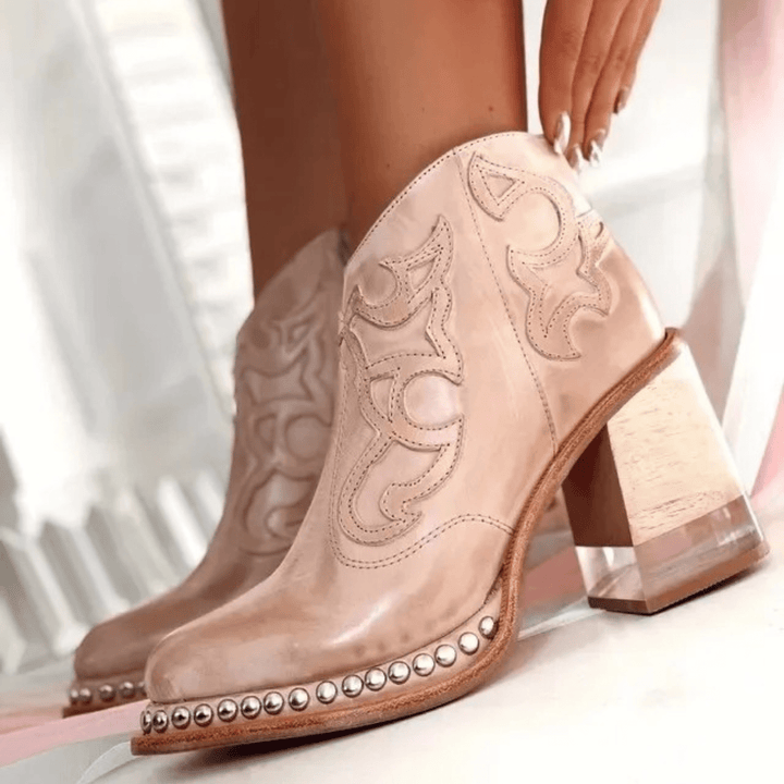 Dames Enkellaarsjes – Lederlook laarzen met Blokhak en Studs