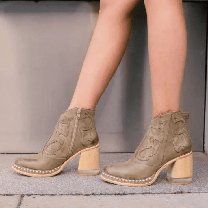 Dames Enkellaarsjes – Lederlook laarzen met Blokhak en Studs