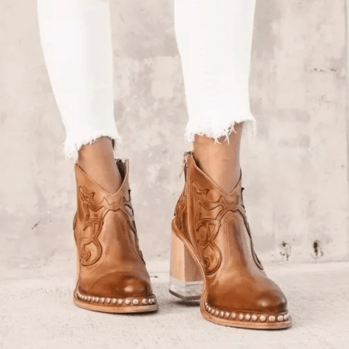 Dames Enkellaarsjes – Lederlook laarzen met Blokhak en Studs