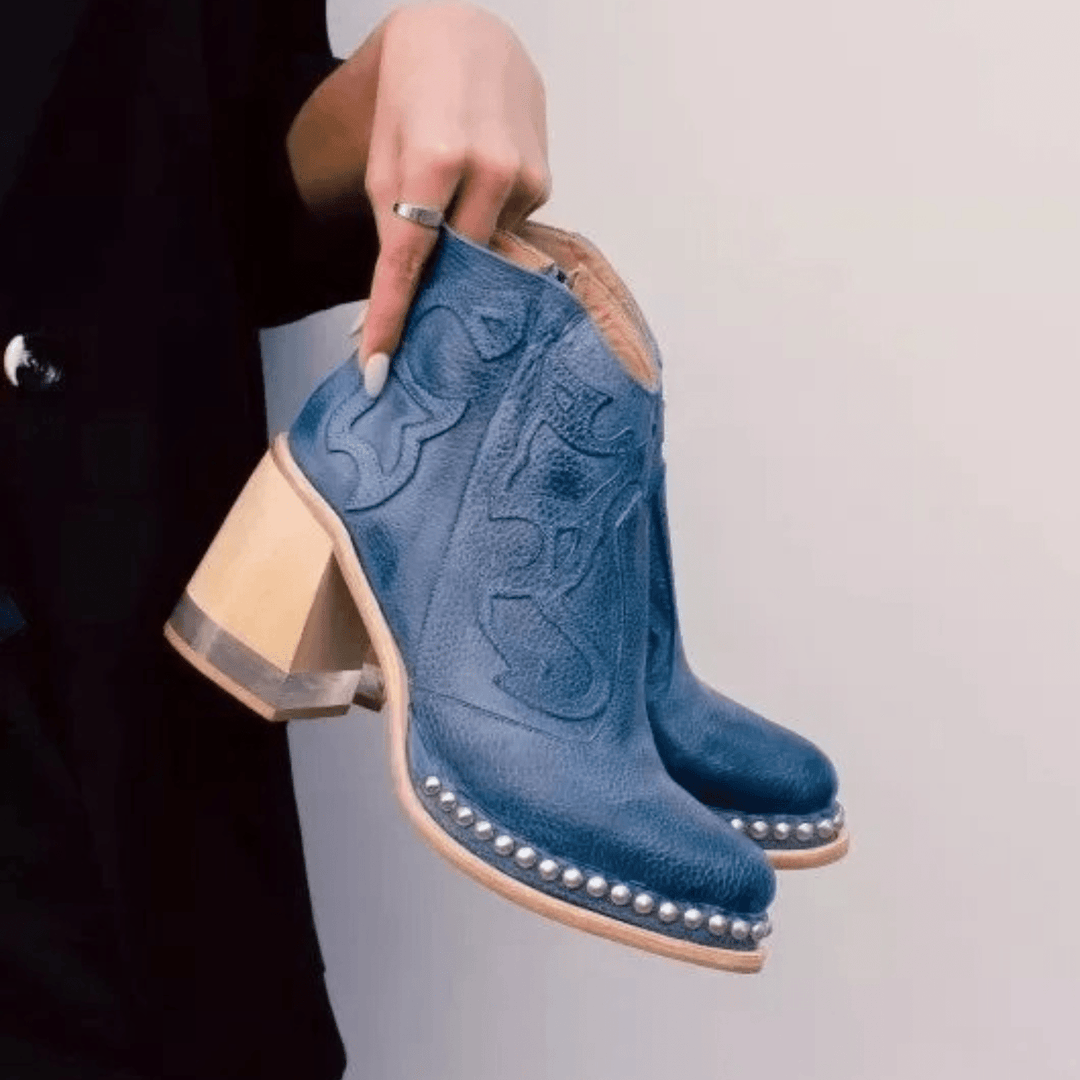 Dames Enkellaarsjes – Lederlook laarzen met Blokhak en Studs