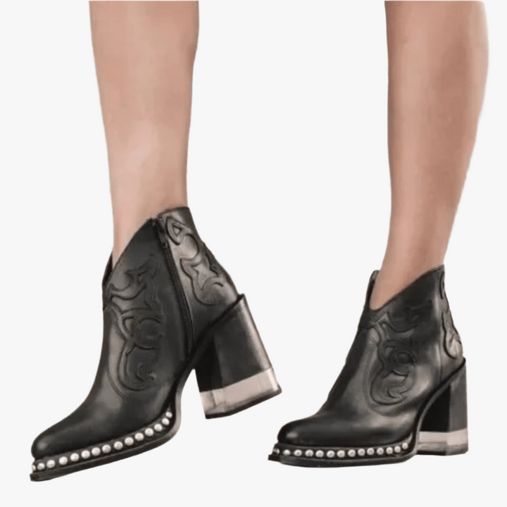 Dames Enkellaarsjes – Lederlook laarzen met Blokhak en Studs