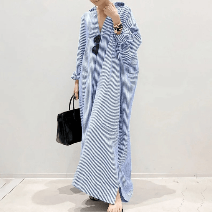 Dames Gestreepte Maxi Jurk – Luchtige Pasvorm, V-Hals & Lange Mouwen – Zomerstijl