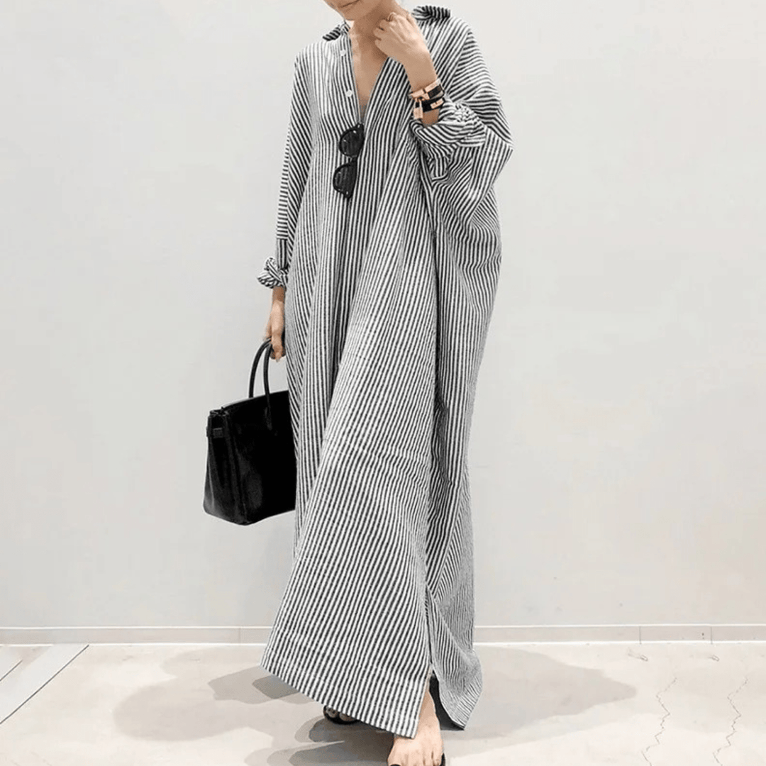 Dames Gestreepte Maxi Jurk – Luchtige Pasvorm, V-Hals & Lange Mouwen – Zomerstijl