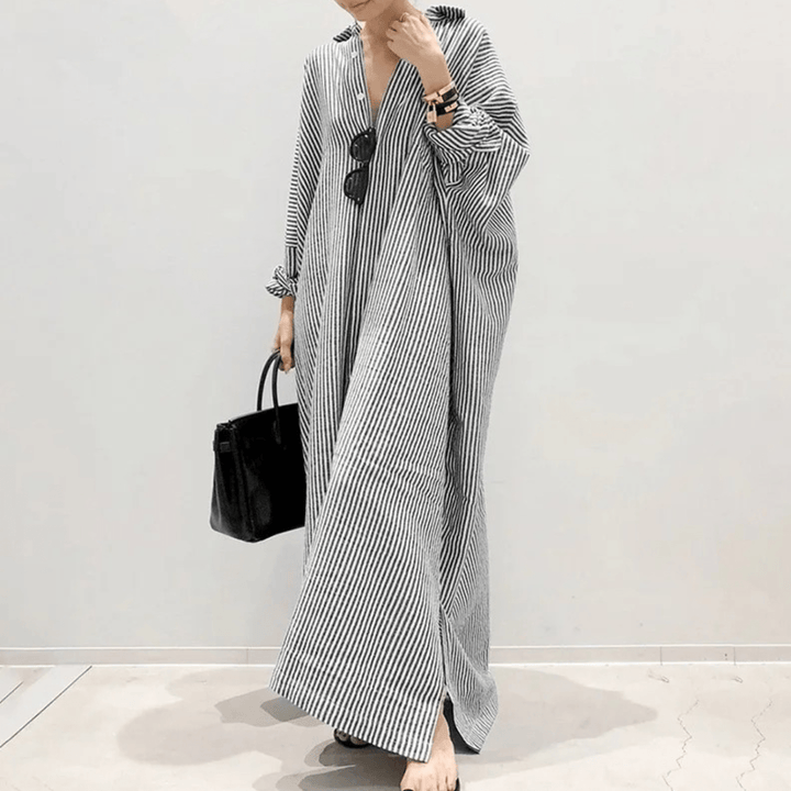 Dames Gestreepte Maxi Jurk – Luchtige Pasvorm, V-Hals & Lange Mouwen – Zomerstijl