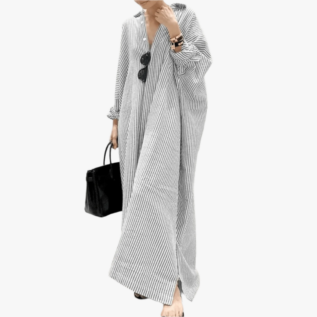 Dames Gestreepte Maxi Jurk – Luchtige Pasvorm, V-Hals & Lange Mouwen – Zomerstijl