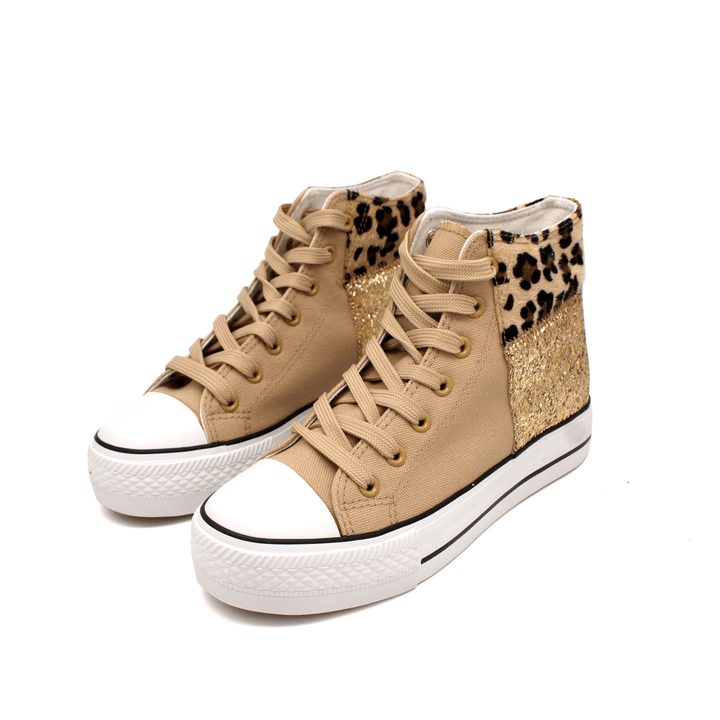 Dames Hoge Sneakers – Canvas met Dikke Zool, Panterprint Detail