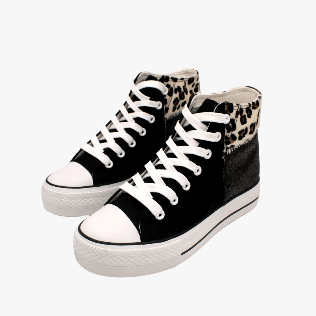 Dames Hoge Sneakers – Canvas met Dikke Zool, Panterprint Detail