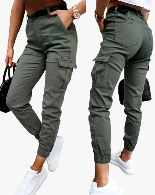 Dames Slim Fit Cargo Broek – Hoge Taille Broek met Zakken en Elastische Boorden