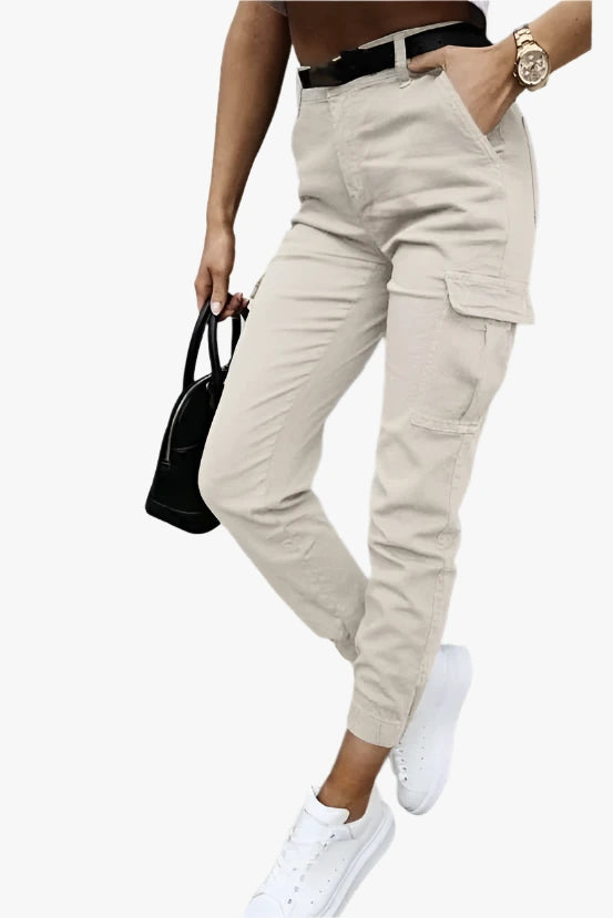 Dames Slim Fit Cargo Broek – Hoge Taille Broek met Zakken en Elastische Boorden