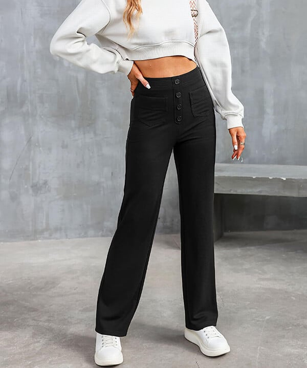 Dames Wide Leg Broek – Elegante Hoge Taille Broek met Knoopdetails