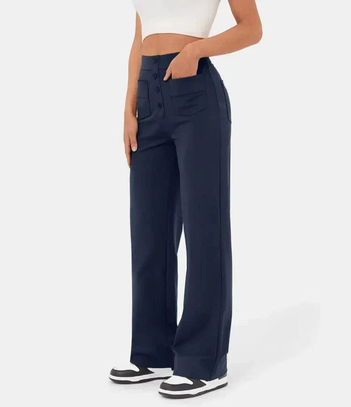 Dames Wide Leg Broek – Elegante Hoge Taille Broek met Knoopdetails