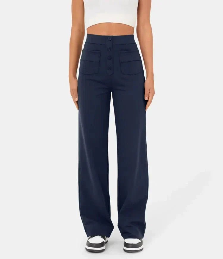 Dames Wide Leg Broek – Elegante Hoge Taille Broek met Knoopdetails
