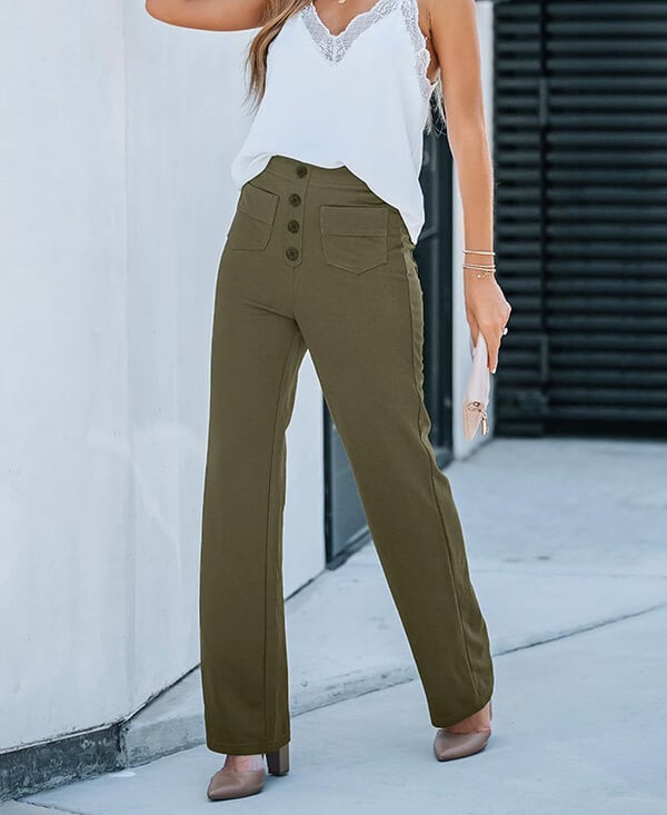 Dames Wide Leg Broek – Elegante Hoge Taille Broek met Knoopdetails