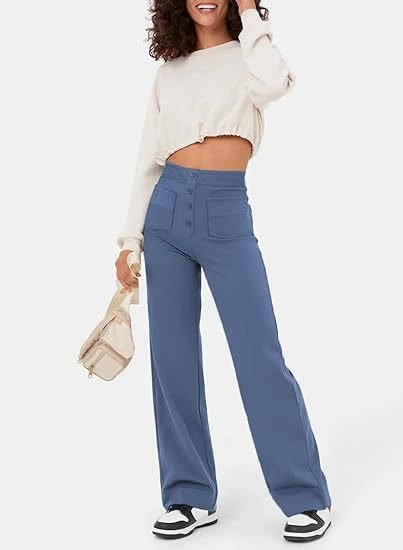 Dames Wide Leg Broek – Elegante Hoge Taille Broek met Knoopdetails
