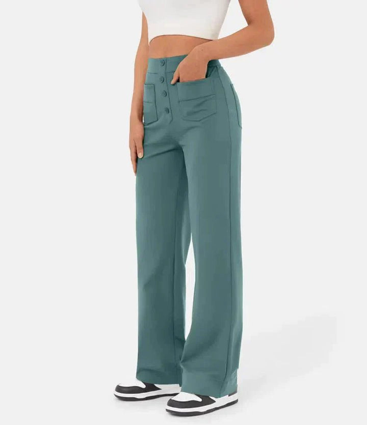 Dames Wide Leg Broek – Elegante Hoge Taille Broek met Knoopdetails