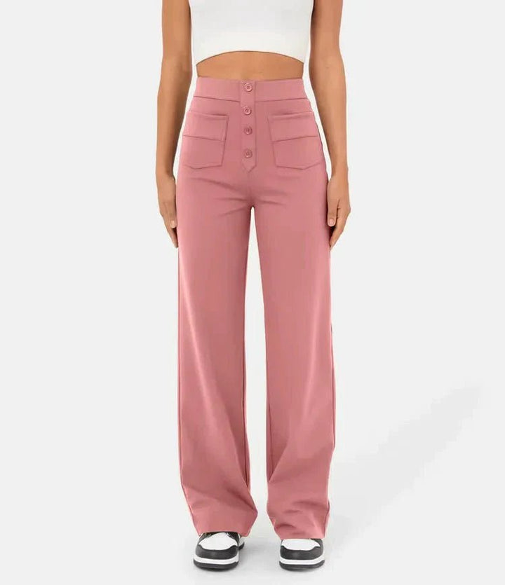 Dames Wide Leg Broek – Elegante Hoge Taille Broek met Knoopdetails