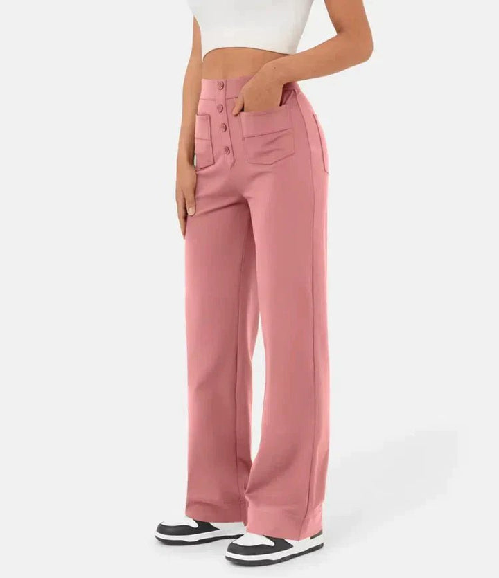 Dames Wide Leg Broek – Elegante Hoge Taille Broek met Knoopdetails