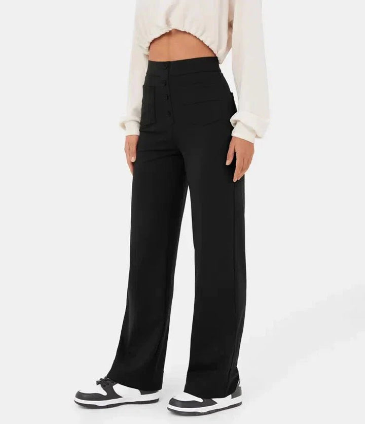 Dames Wide Leg Broek – Elegante Hoge Taille Broek met Knoopdetails