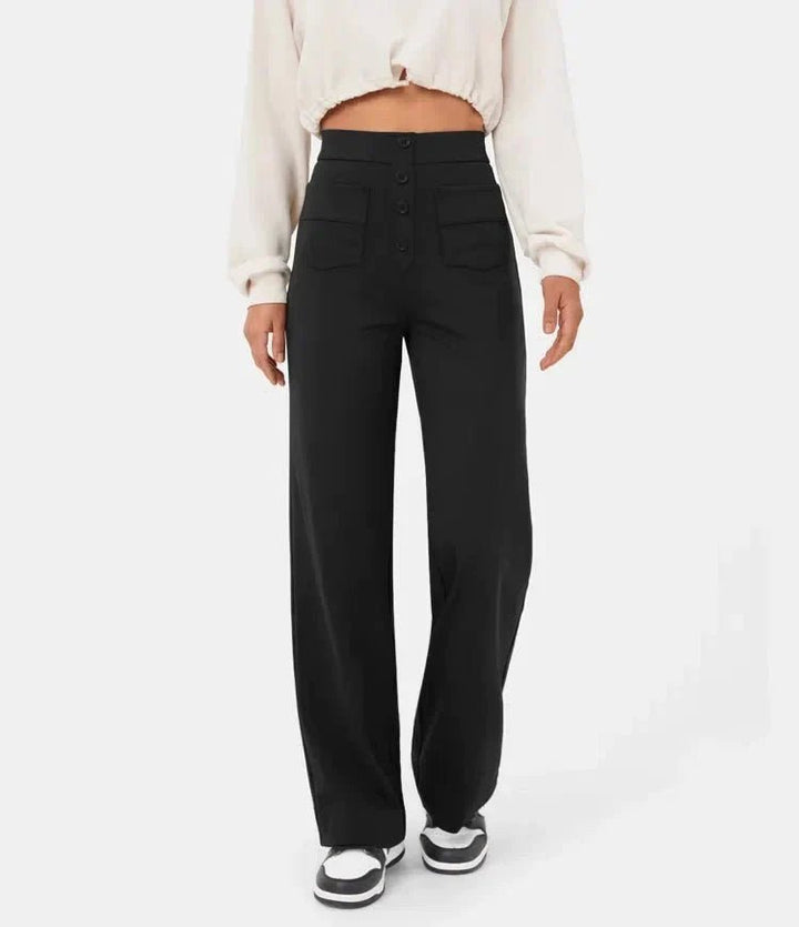 Dames Wide Leg Broek – Elegante Hoge Taille Broek met Knoopdetails