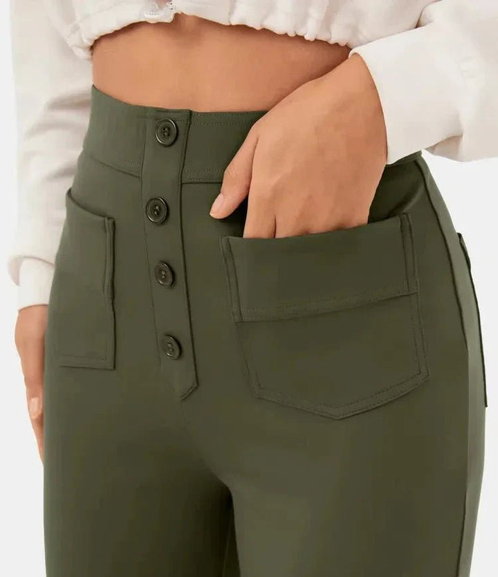 Dames Wide Leg Broek – Elegante Hoge Taille Broek met Knoopdetails
