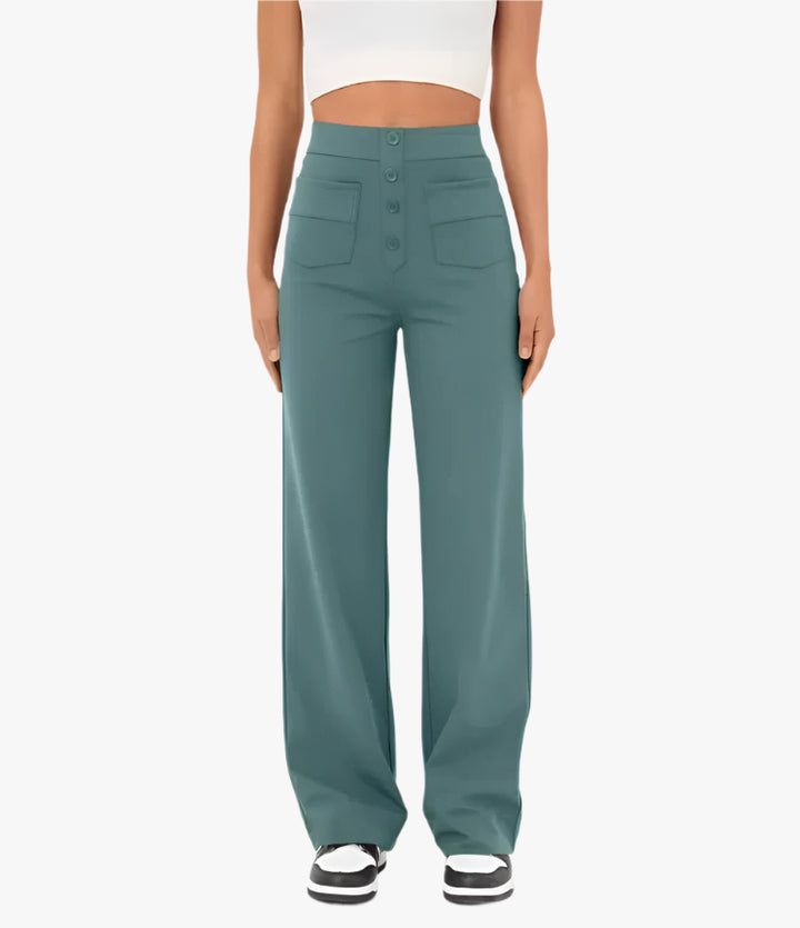 Dames Wide Leg Broek – Elegante Hoge Taille Broek met Knoopdetails
