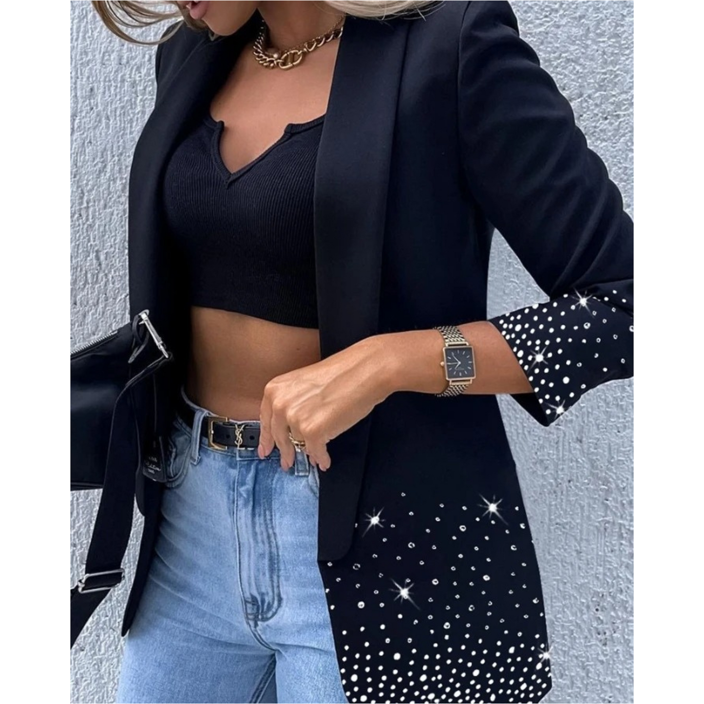 Dames blazer met strass decor en sjaalkraag lange mouw