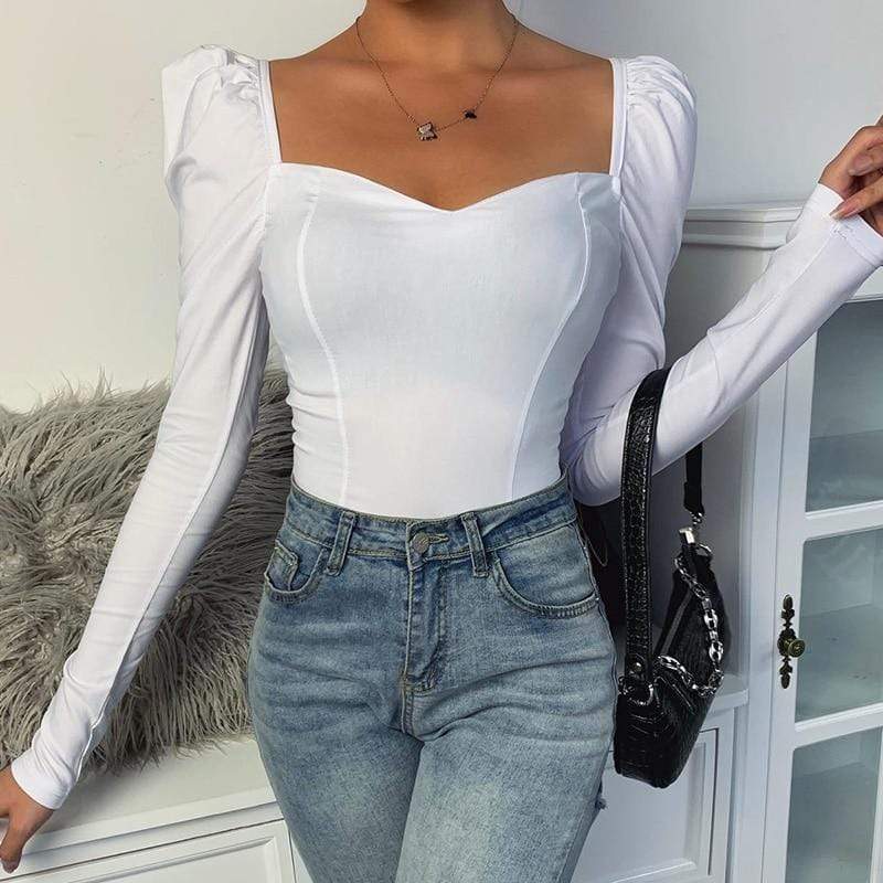 Dames body met lange mouwen – Sweetheart hals, pofmouwen, aansluitend en stijlvol
