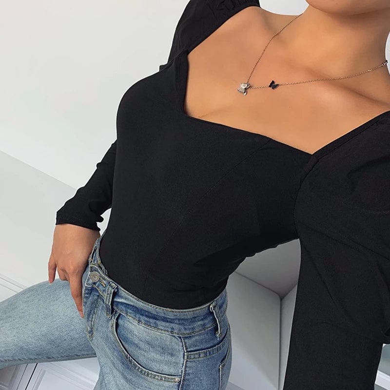 Dames body met lange mouwen – Sweetheart hals, pofmouwen, aansluitend en stijlvol