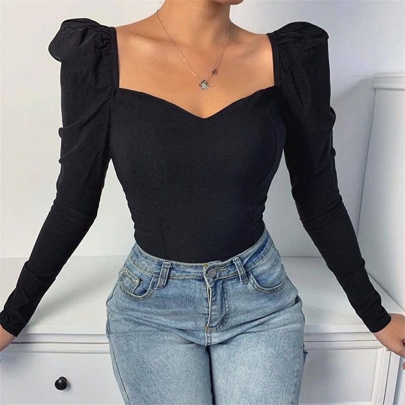 Dames body met lange mouwen – Sweetheart hals, pofmouwen, aansluitend en stijlvol