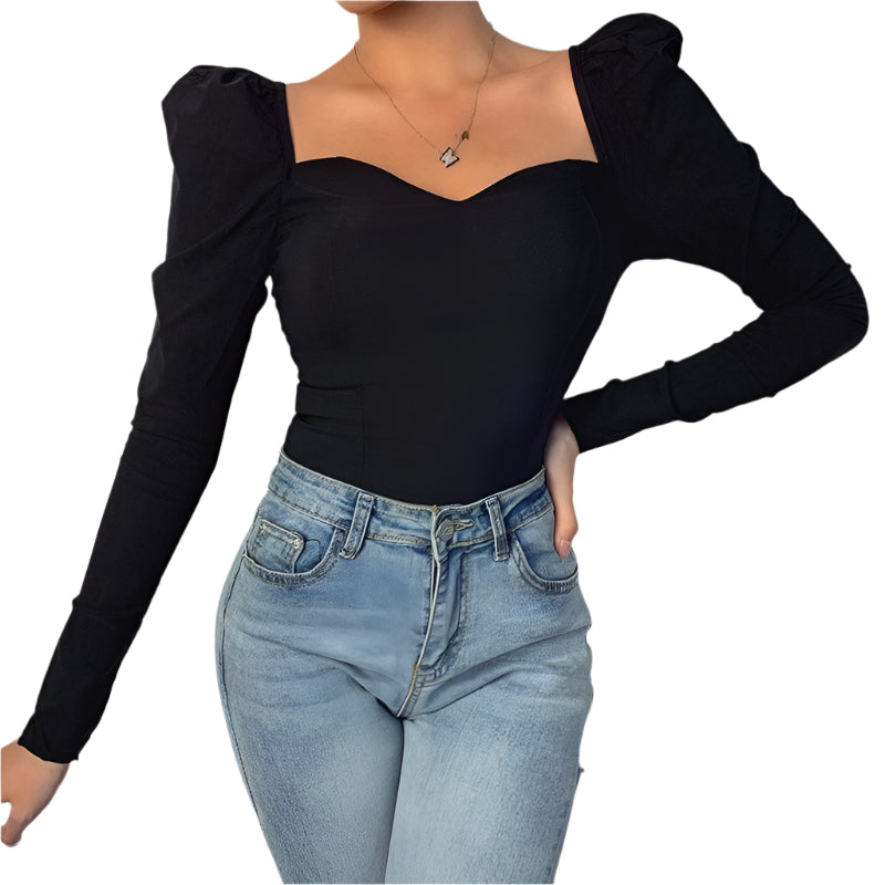 Dames body met lange mouwen – Sweetheart hals, pofmouwen, aansluitend en stijlvol