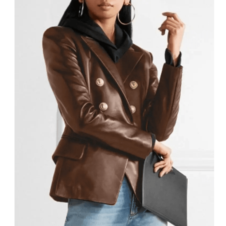 Dubbelrijige Damesblazer – Getailleerde Leren Look voor Herfst en Avondoutfits