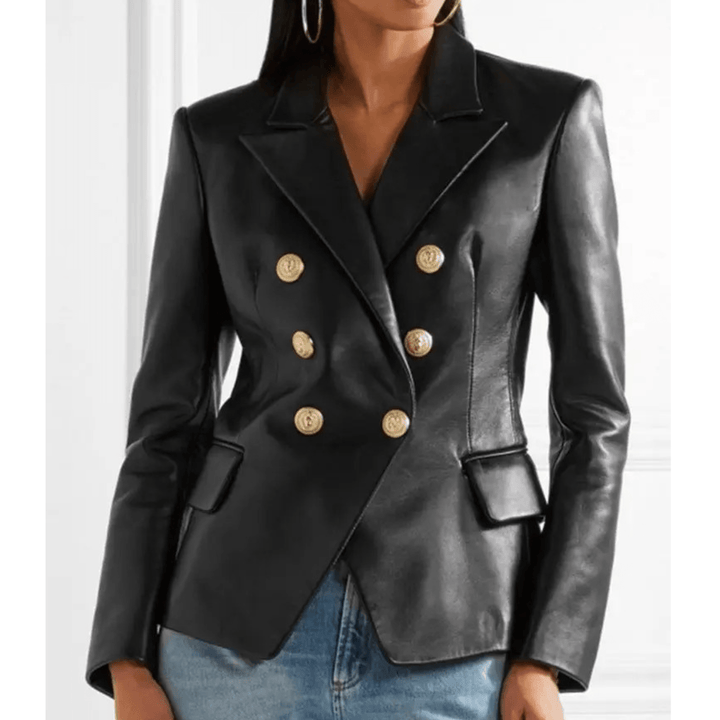 Dubbelrijige Damesblazer – Getailleerde Leren Look voor Herfst en Avondoutfits