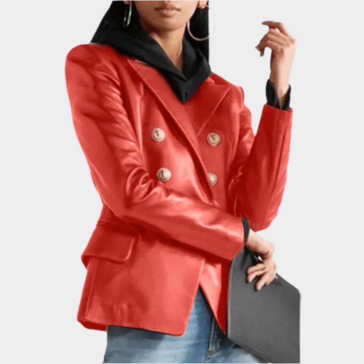 Dubbelrijige Damesblazer – Getailleerde Leren Look voor Herfst en Avondoutfits