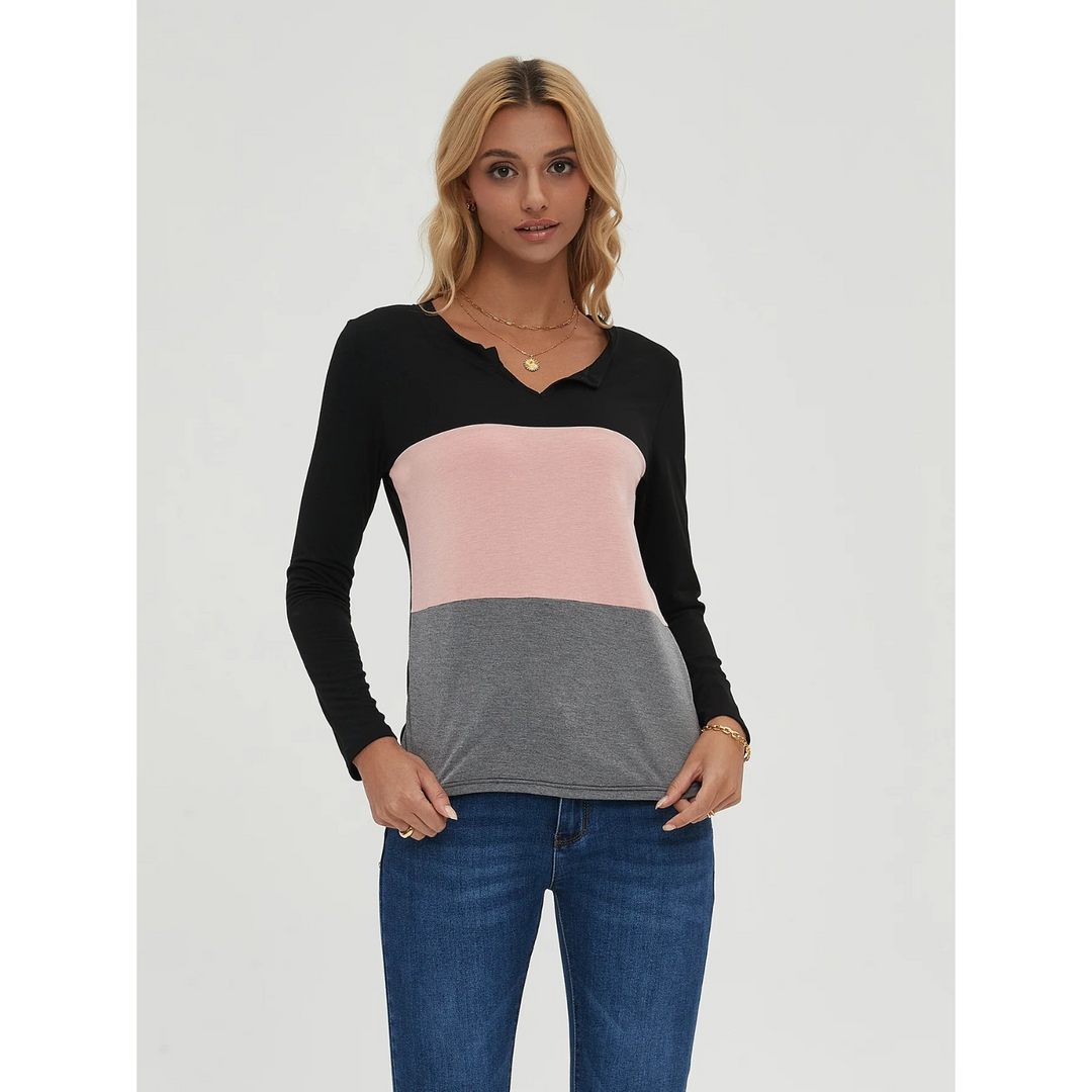 Eenvoudig patchwork lichtgewicht damesshirt met lange mouwen