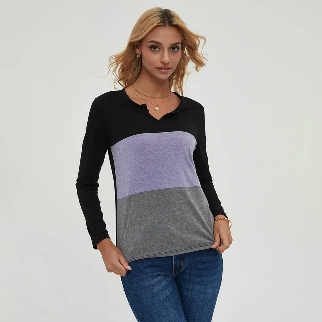 Eenvoudig patchwork lichtgewicht damesshirt met lange mouwen