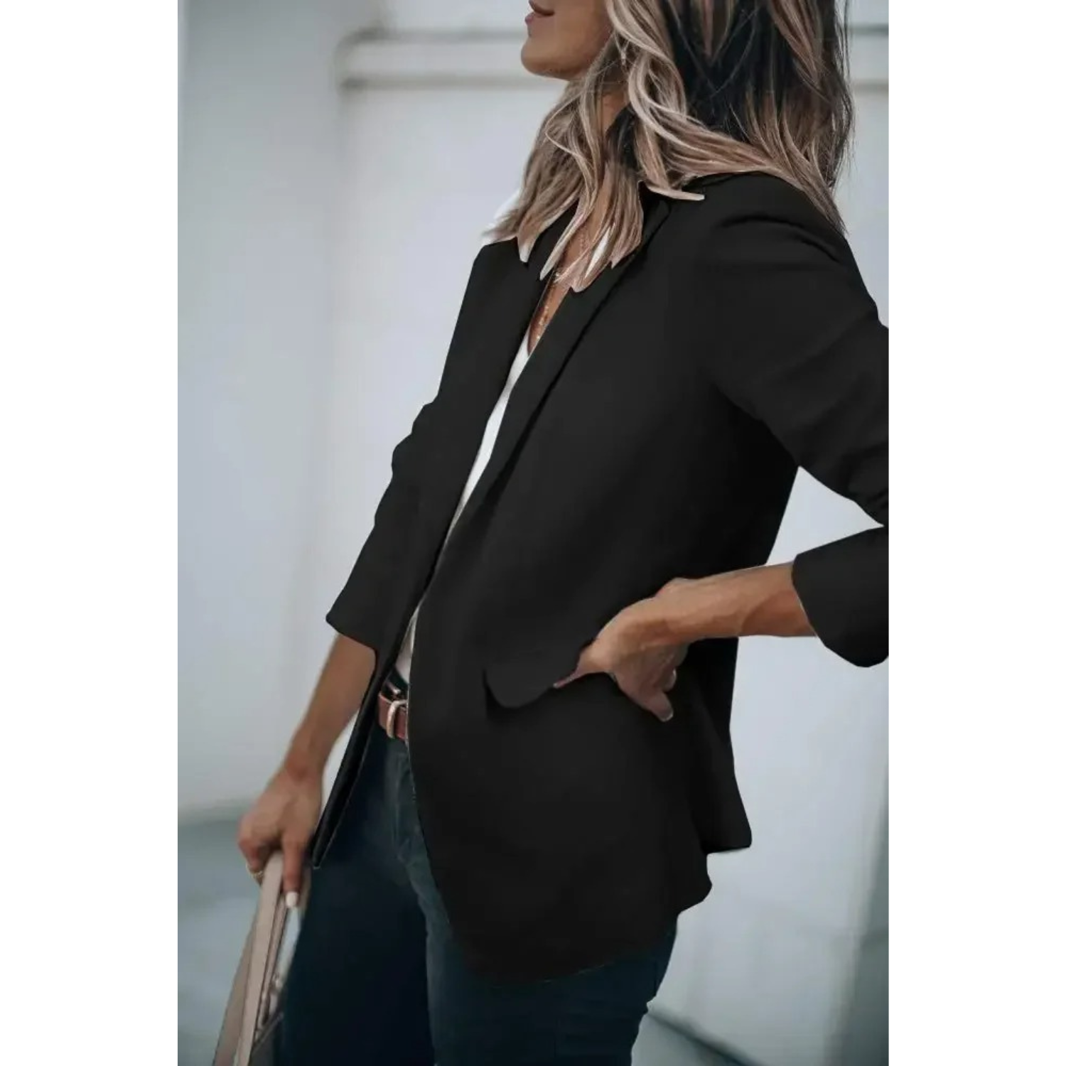 Effen zwarte losse dames blazer met pofmouwen