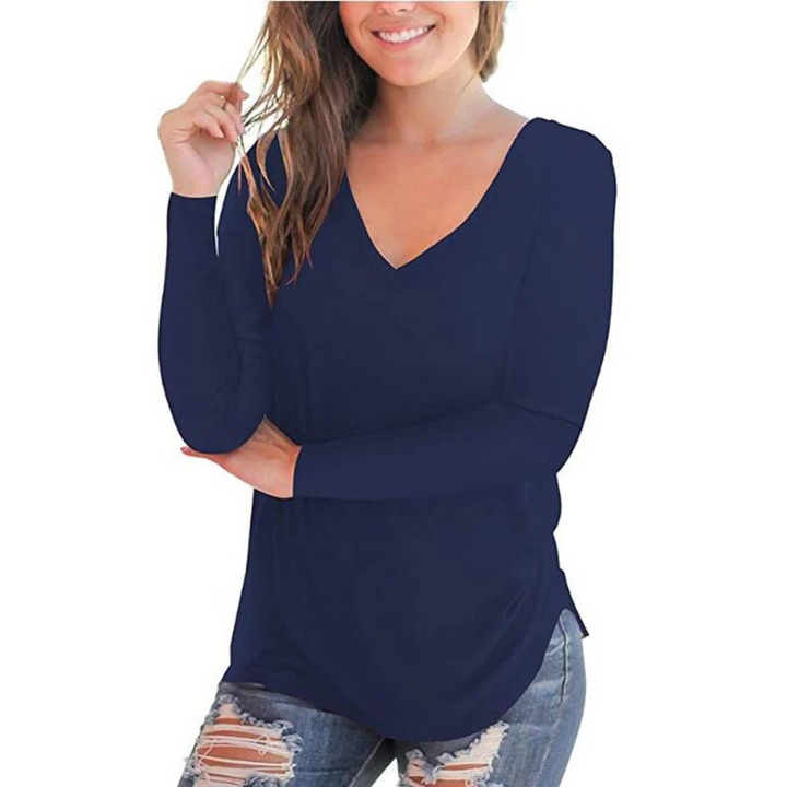 Elegant V-Hals blauw winddicht dames shirt met lange mouwen