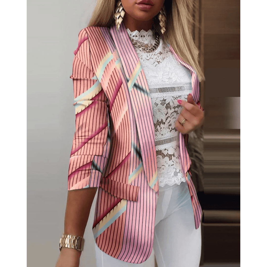 Getailleerde Damesblazer – Lange Blazer met Kleurrijke Print voor Casual en Trendy Looks