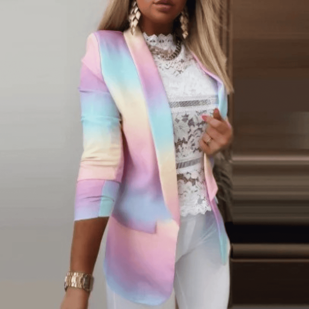 Getailleerde Damesblazer – Lange Blazer met Kleurrijke Print voor Casual en Trendy Looks