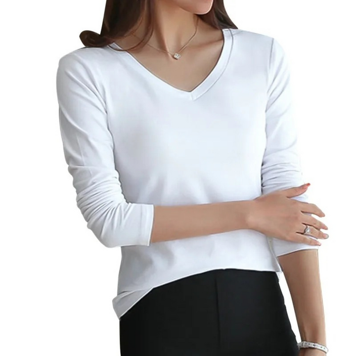 Koreaans V-Hals slim stretch dames shirt met lange mouwen