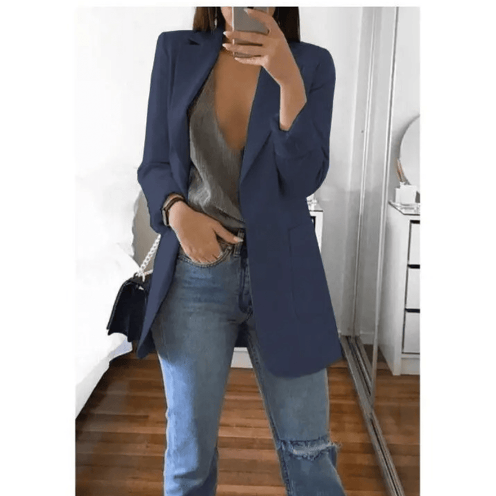 Lange Dames Blazer – Stijlvol Effen Colbert voor Werk en Kantoor