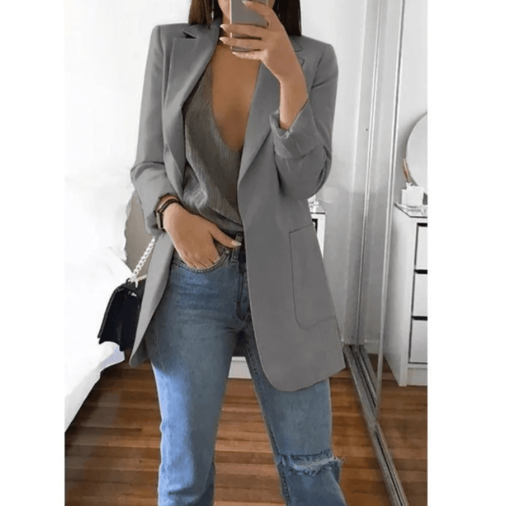 Lange Dames Blazer – Stijlvol Effen Colbert voor Werk en Kantoor