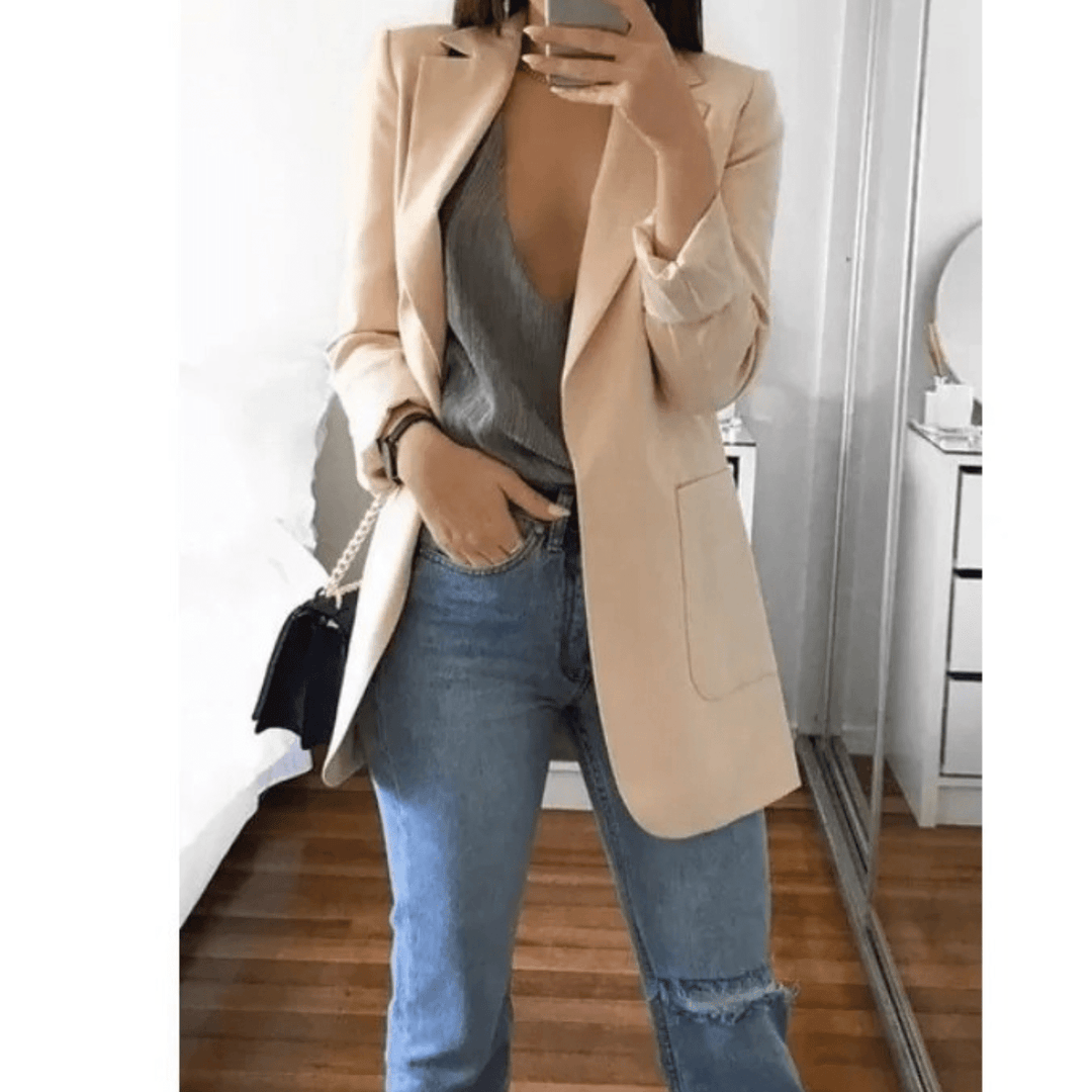 Lange Dames Blazer – Stijlvol Effen Colbert voor Werk en Kantoor