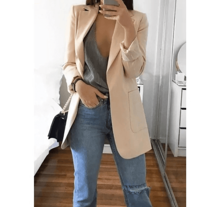 Lange Dames Blazer – Stijlvol Effen Colbert voor Werk en Kantoor