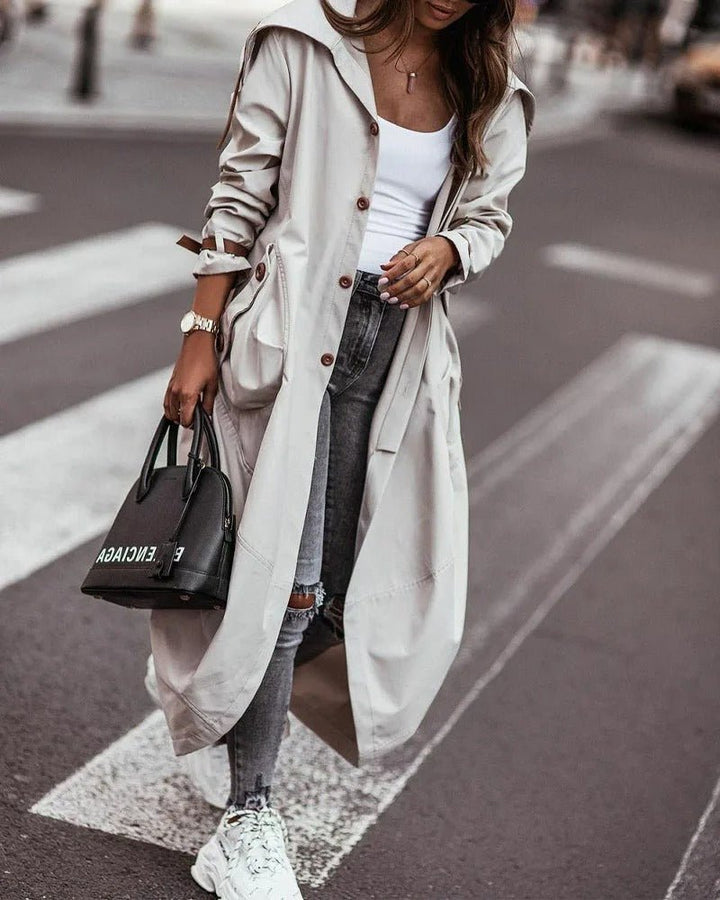Lange Dames Trenchcoat – Elegante Jas met Tailleband, Knoopsluiting, Trendy en Chic