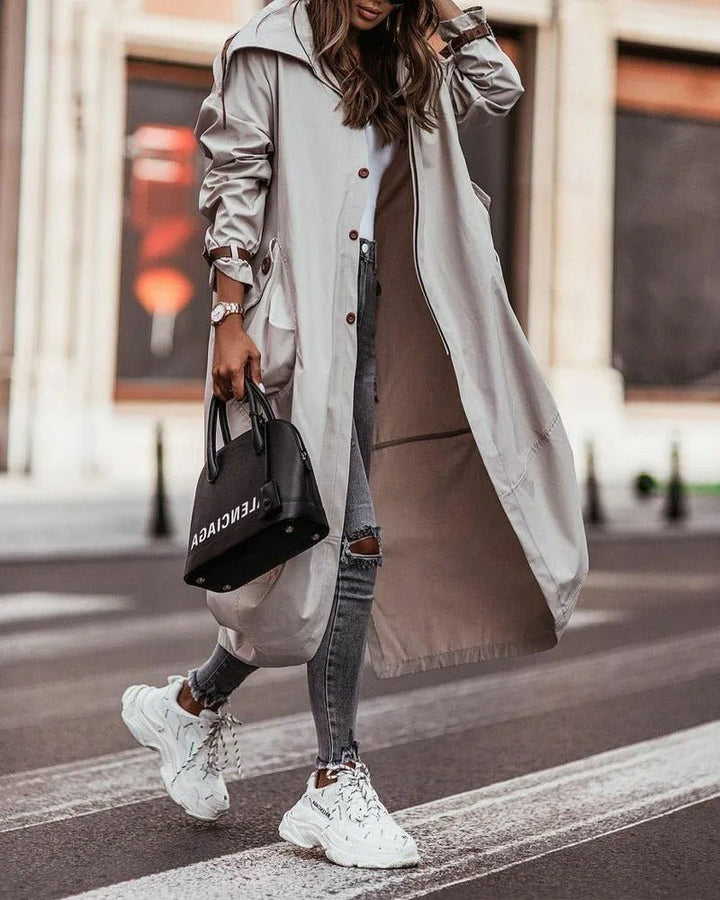 Lange Dames Trenchcoat – Elegante Jas met Tailleband, Knoopsluiting, Trendy en Chic