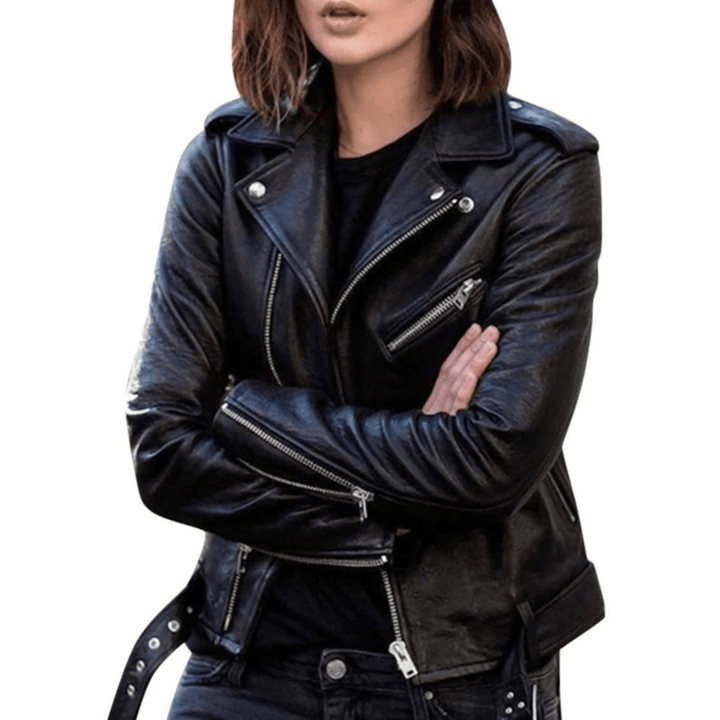 Leren Slim Fit Bikerjack voor Dames – Stoer Model met Ritsen voor Herfst en Casual